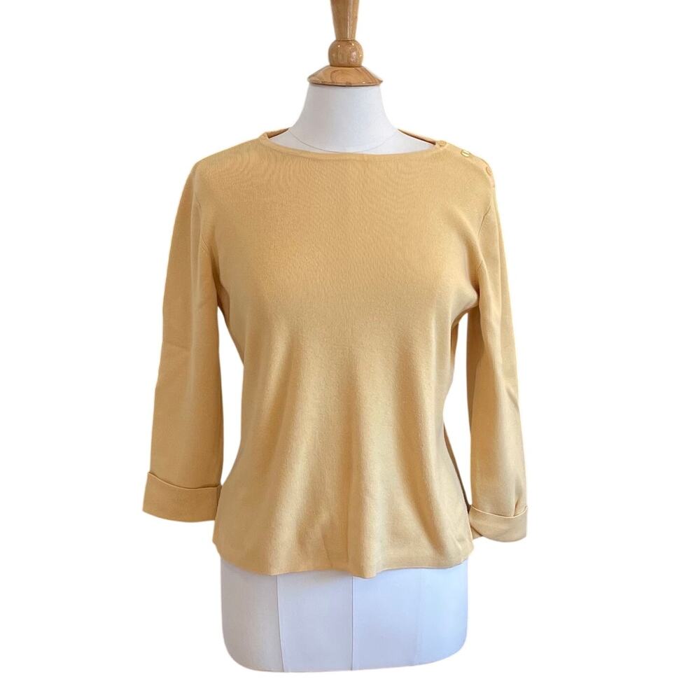 Talbots Pale Yellow Cotton Blend Round Neck Sweater Cuffed Sleeves, Coastal, L